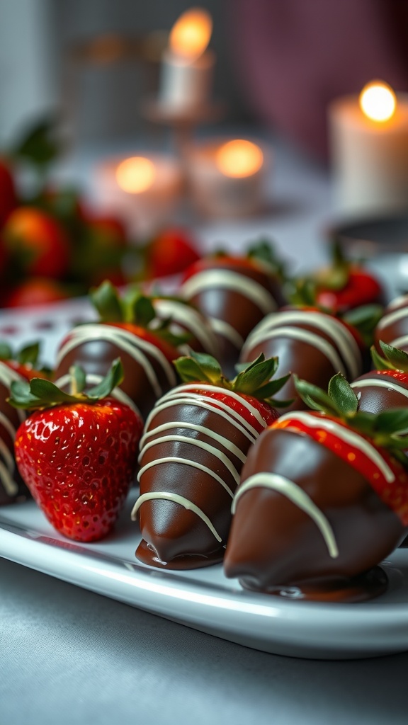 A plate of chocolate-dipped strawberries with a drizzle of white chocolate, set against a romantic background.